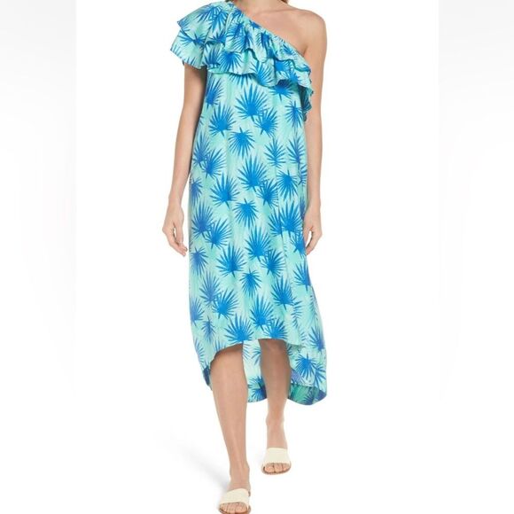 VINEYARD VINES Palm Leaf One Shoulder Ruffle Midi Dress | Size 2 Blue Turquoise - Picture 8 of 8